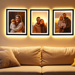 **A cozy living room at dusk, illuminated by warm, yellow LED strip lights accenting a beige wall and highlighting framed family photos. Soft light spills onto a comfortable sofa.  Focus on creating a feeling of "uyut" (уют) and familial warmth.**