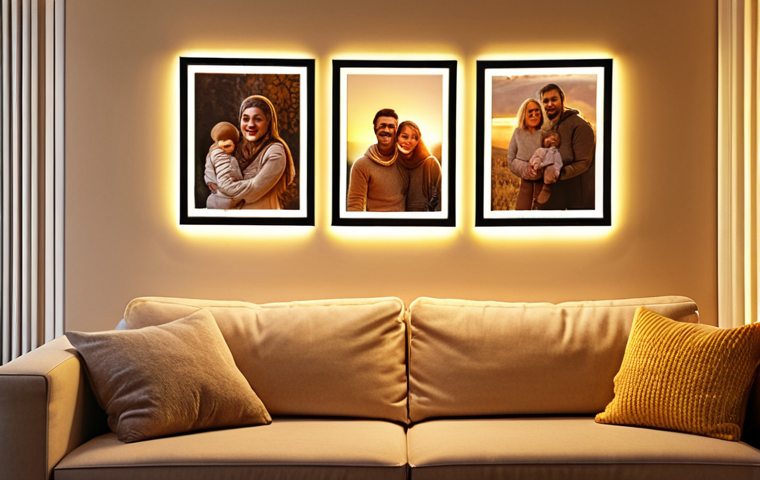 **A cozy living room at dusk, illuminated by warm, yellow LED strip lights accenting a beige wall and highlighting framed family photos. Soft light spills onto a comfortable sofa. Focus on creating a feeling of "uyut" (уют) and familial warmth.**