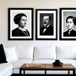 A stylish modern living room featuring a well-curated wall gallery. The gallery showcases an eclectic collection of vintage frames of various sizes, shapes, and finishes, including ornate baroque and minimalist styles. The frames contain a mix of black-and-white travel photographs, contemporary abstract prints, and small, artistic postcards. The overall composition is harmonious, blending old and new elements seamlessly. Natural soft lighting, professional photography, high quality, safe for work, appropriate content, fully clothed, professional, modest, family-friendly, perfect anatomy, correct proportions, natural pose, well-formed hands, proper finger count, natural body proportions.