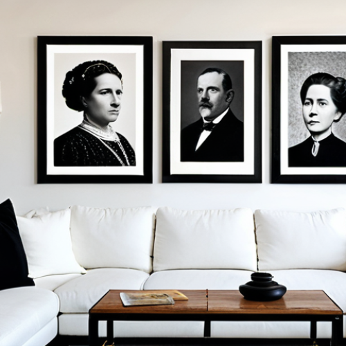 A stylish modern living room featuring a well-curated wall gallery. The gallery showcases an eclectic collection of vintage frames of various sizes, shapes, and finishes, including ornate baroque and minimalist styles. The frames contain a mix of black-and-white travel photographs, contemporary abstract prints, and small, artistic postcards. The overall composition is harmonious, blending old and new elements seamlessly. Natural soft lighting, professional photography, high quality, safe for work, appropriate content, fully clothed, professional, modest, family-friendly, perfect anatomy, correct proportions, natural pose, well-formed hands, proper finger count, natural body proportions.