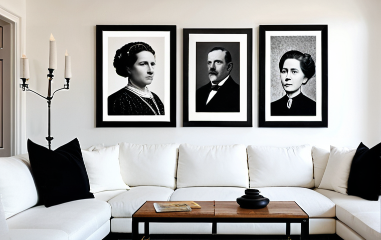 A stylish modern living room featuring a well-curated wall gallery. The gallery showcases an eclectic collection of vintage frames of various sizes, shapes, and finishes, including ornate baroque and minimalist styles. The frames contain a mix of black-and-white travel photographs, contemporary abstract prints, and small, artistic postcards. The overall composition is harmonious, blending old and new elements seamlessly. Natural soft lighting, professional photography, high quality, safe for work, appropriate content, fully clothed, professional, modest, family-friendly, perfect anatomy, correct proportions, natural pose, well-formed hands, proper finger count, natural body proportions.