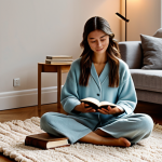 A person, fully clothed in modest, comfortable loungewear, sits cross-legged on a large, plush, high-pile wool rug in a warm, inviting living room. Bare feet are gently touching the soft fibers of the rug. The living room features a cozy armchair, a stack of books, and soft ambient lighting from a floor lamp, creating an 'island of comfort'. The rug is a solid, neutral beige, enhancing the feeling of warmth and tranquility. The space emphasizes comfort and quietude, with excellent sound absorption. Perfect anatomy, correct proportions, natural pose, well-formed hands, proper finger count, natural body proportions. Safe for work, appropriate content, fully clothed, family-friendly, professional photography, high quality.