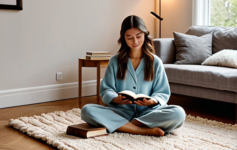 A person, fully clothed in modest, comfortable loungewear, sits cross-legged on a large, plush, high-pile wool rug in a warm, inviting living room. Bare feet are gently touching the soft fibers of the rug. The living room features a cozy armchair, a stack of books, and soft ambient lighting from a floor lamp, creating an 'island of comfort'. The rug is a solid, neutral beige, enhancing the feeling of warmth and tranquility. The space emphasizes comfort and quietude, with excellent sound absorption. Perfect anatomy, correct proportions, natural pose, well-formed hands, proper finger count, natural body proportions. Safe for work, appropriate content, fully clothed, family-friendly, professional photography, high quality.