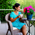 Cozy Balcony Retreat**

A fully clothed woman sitting on a comfortable wicker chair on a balcony overflowing with colorful petunias and geraniums, sipping tea. The balcony is decorated with string lights and soft cushions.  Safe for work, appropriate content, perfect anatomy, natural proportions, professional, family-friendly, modest clothing, well-formed hands, proper finger count.

**