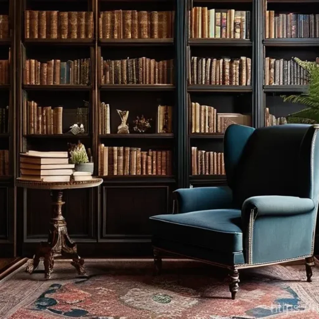 책장 인테리어 아이디어 - **Prompt:** A cozy, classic home library nook, bathed in soft, warm light from a vintage-style floor...