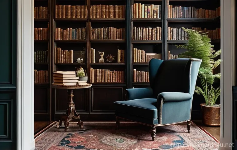책장 인테리어 아이디어 - **Prompt:** A cozy, classic home library nook, bathed in soft, warm light from a vintage-style floor...