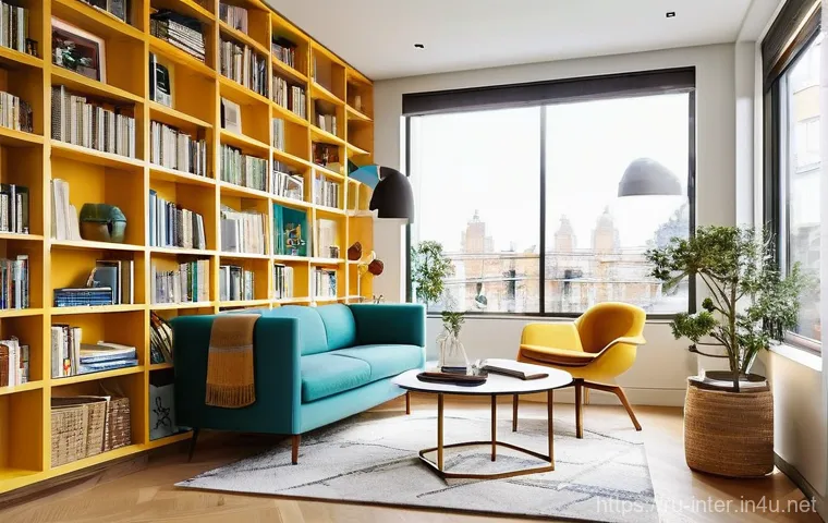 책장 인테리어 아이디어 - **Prompt:** A cozy, classic home library nook, bathed in soft, warm light from a vintage-style floor...