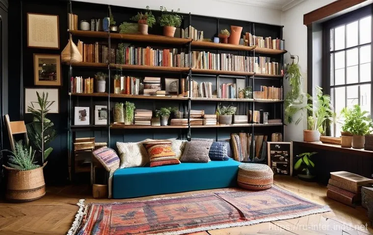 책장 인테리어 아이디어 - **Prompt:** A vibrant and modern home library in a small apartment, showcasing smart, space-saving d...