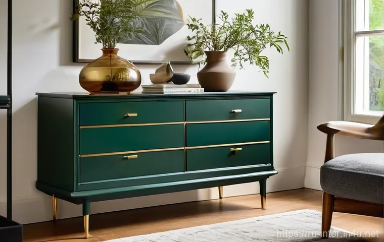 리폼 가구 활용법 - **Prompt:** "A vintage wooden dresser, beautifully transformed through upcycling, now stands as a st...