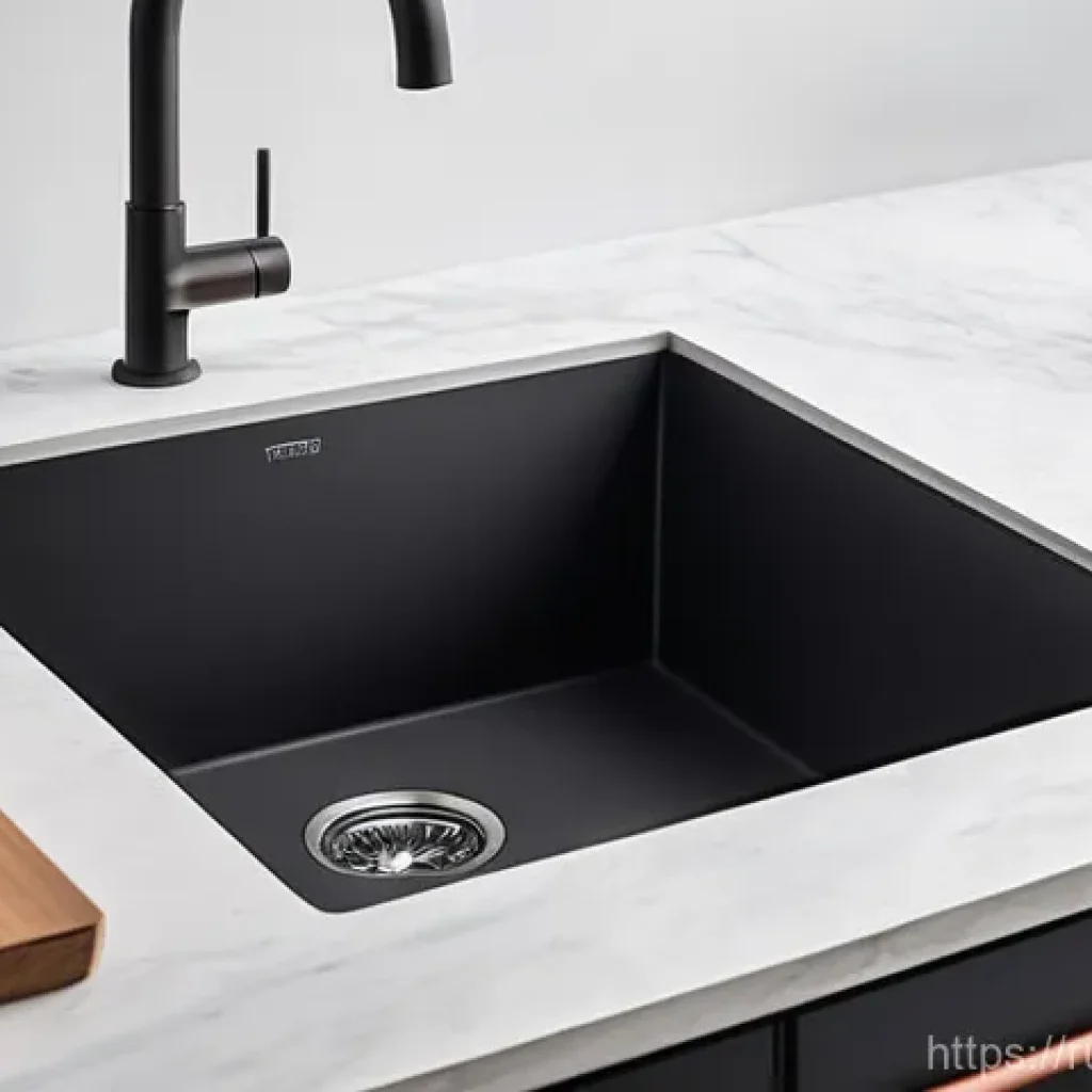 부엌 싱크대 리폼 방법 - A brightly lit, minimalist kitchen with a focus on the sink area. A large, rectangular kitchen sink ...