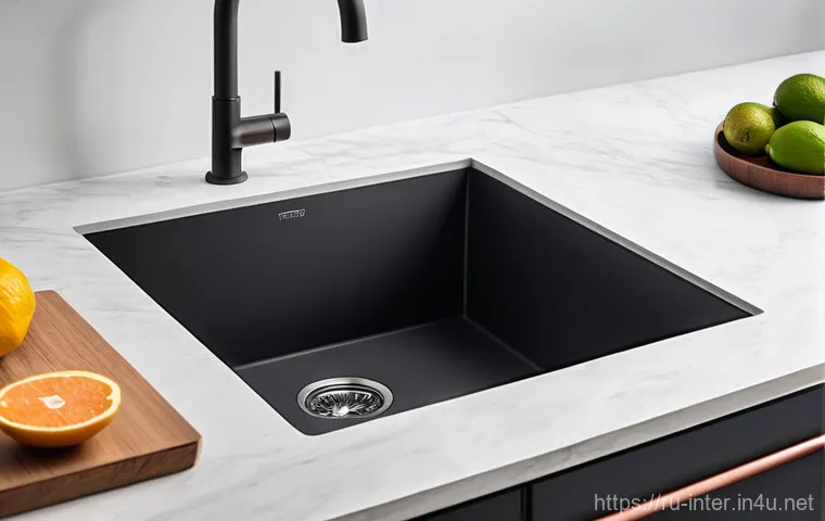 부엌 싱크대 리폼 방법 - A brightly lit, minimalist kitchen with a focus on the sink area. A large, rectangular kitchen sink ...