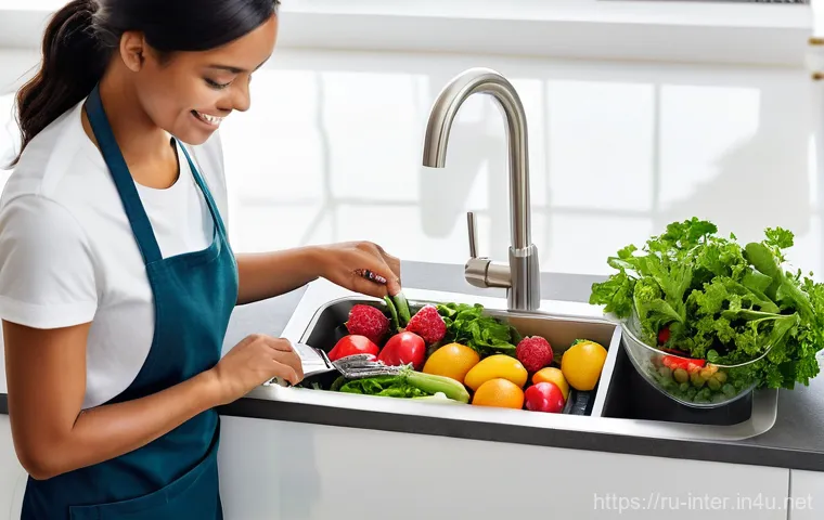 부엌 싱크대 리폼 방법 - A brightly lit, minimalist kitchen with a focus on the sink area. A large, rectangular kitchen sink ...