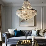 거실 조명 선택 가이드 - **Prompt 1: The Disproportionate Chandelier**
A small, cozy living room with a low ceiling that ...