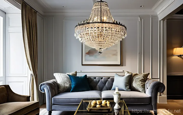 거실 조명 선택 가이드 - **Prompt 1: The Disproportionate Chandelier**
A small, cozy living room with a low ceiling that ...