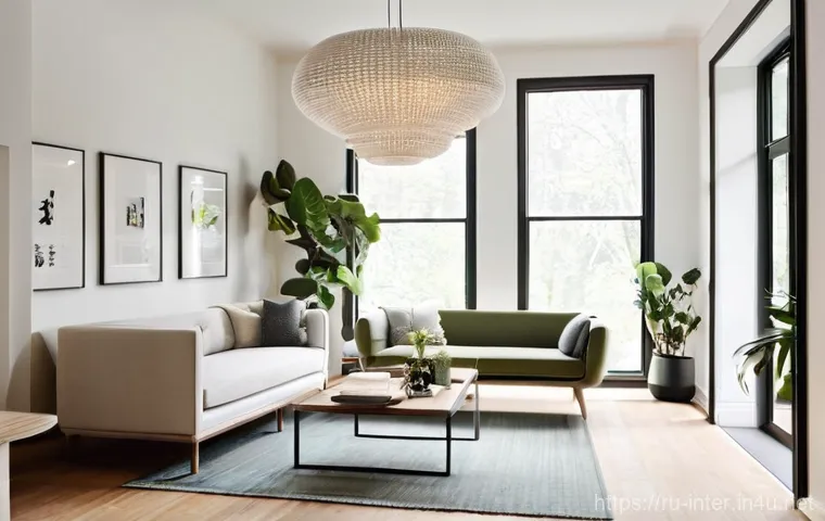 거실 조명 선택 가이드 - **Prompt 1: The Disproportionate Chandelier**
    A small, cozy living room with a low ceiling that ...