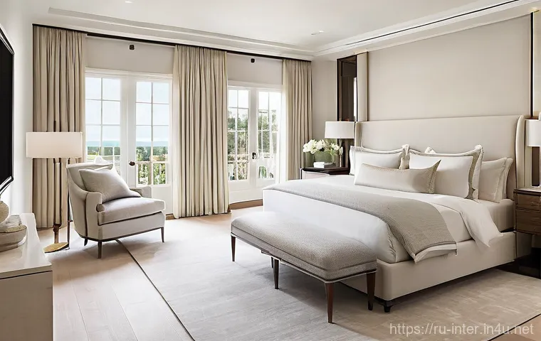 호텔식 인테리어 연출법 - **Luxurious Master Bedroom with "Cloud-like" Comfort:** A serene and impeccably designed master bedr...
