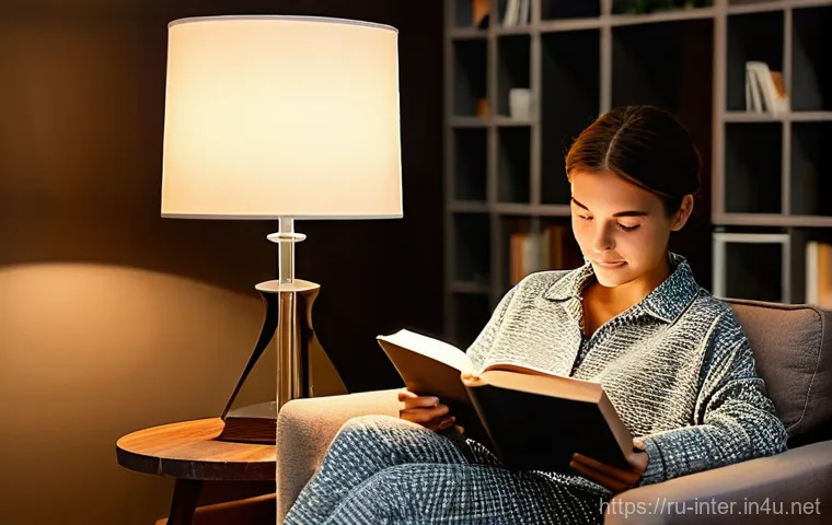 카페 분위기 나는 조명 - **Cozy Evening Reading Nook:** A young woman, fully clothed in comfortable, long-sleeved pajamas, is...
