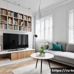 좁은 공간 활용 인테리어 - **Modern Small Studio with Vertical Storage and Multi-functional Design:**
"A brightly lit, cont...