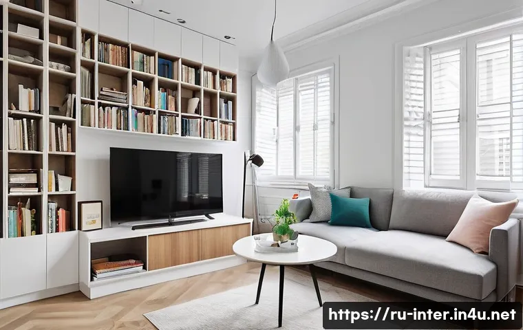 좁은 공간 활용 인테리어 - **Modern Small Studio with Vertical Storage and Multi-functional Design:**
"A brightly lit, cont...