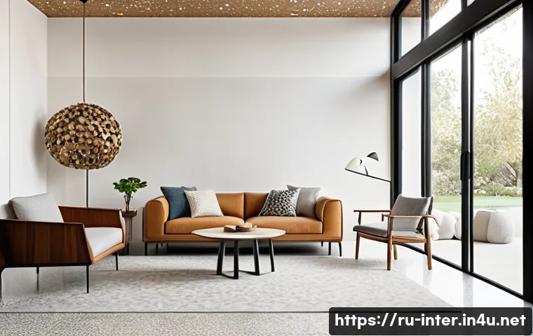 테라조 인테리어 활용법 - A modern residential living room featuring a terrazzo floor with large, colorful aggregate chips in ...