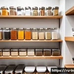 Home 22 팬트리 공간 정리 아이디어 - A modern pantry interior showcasing vertical storage optimization: wall-mounted wooden shelves fille...