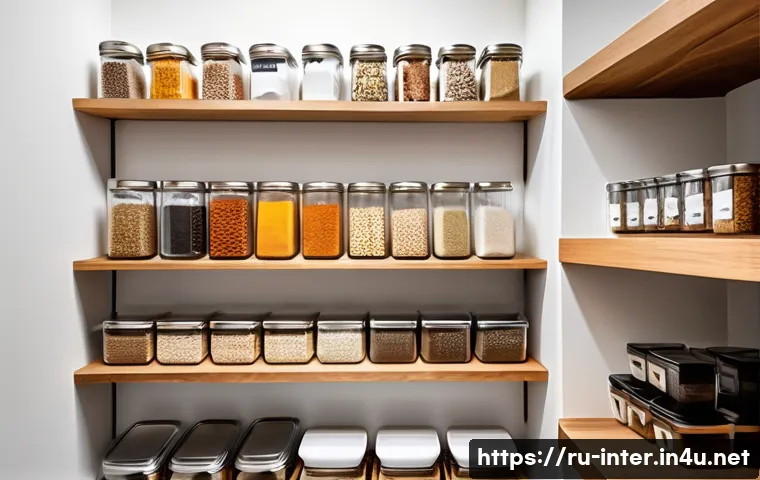 팬트리 공간 정리 아이디어 - A modern pantry interior showcasing vertical storage optimization: wall-mounted wooden shelves fille...