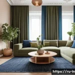 Home 21 자취방 인테리어 기본 가이드 - A modern Russian apartment living room interior featuring a harmonious color palette of muted olive,...