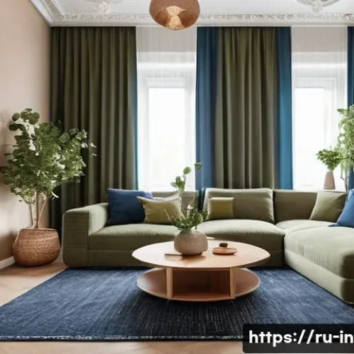Home 33 자취방 인테리어 기본 가이드 - A modern Russian apartment living room interior featuring a harmonious color palette of muted olive,...