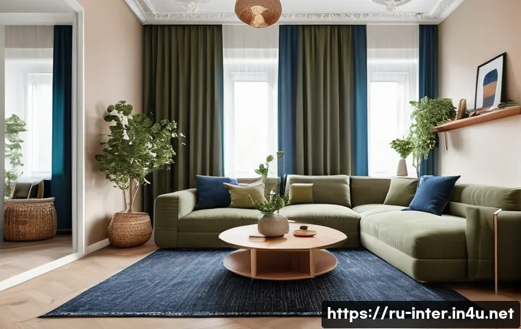 자취방 인테리어 기본 가이드 - A modern Russian apartment living room interior featuring a harmonious color palette of muted olive,...