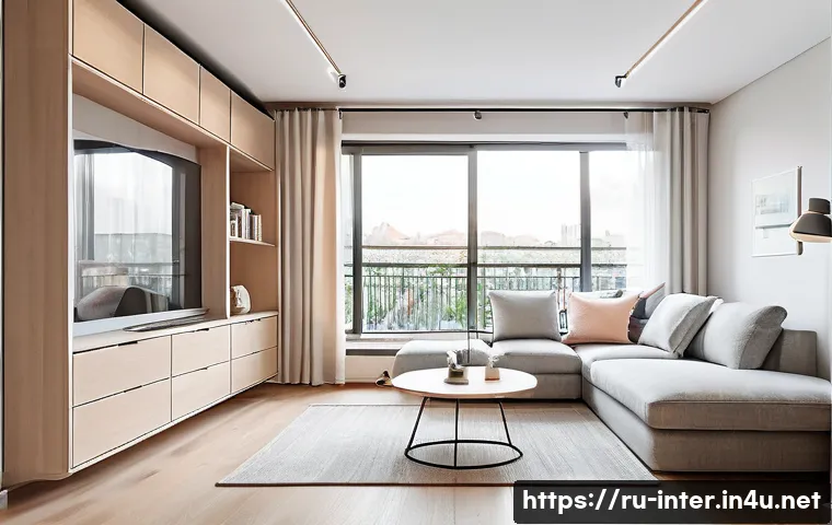 미니멀리즘 인테리어 스타일 - A bright, modern small apartment interior emphasizing minimalist design with efficient space optimiz...
