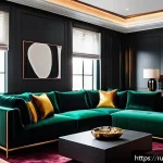 Home 18 블랙 인테리어 감성 연출 - A modern living room interior featuring matte black walls combined with glossy black furniture and m...