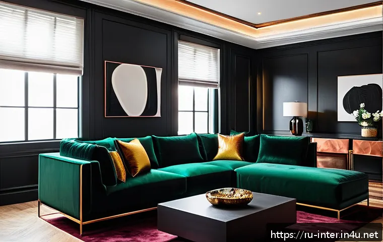 블랙 인테리어 감성 연출 - A modern living room interior featuring matte black walls combined with glossy black furniture and m...