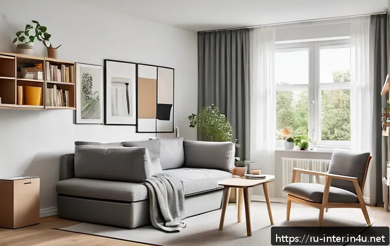 이케아 가성비 가구 추천 - A modern compact living room featuring a multifunctional IKEA FÄRLÖV fold-out sofa with removable fa...