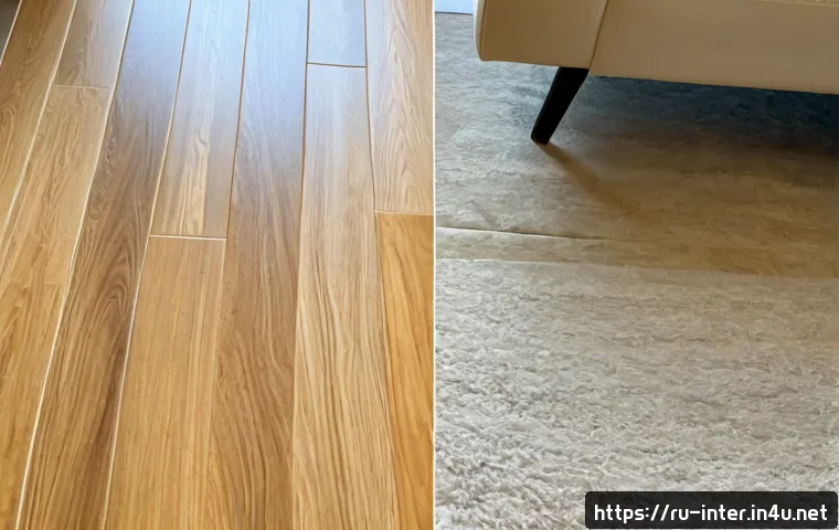Home 17 바닥재 종류 및 특징 비교 - Photorealistic overhead comparison scene of four common flooring materials arranged as large clean s...