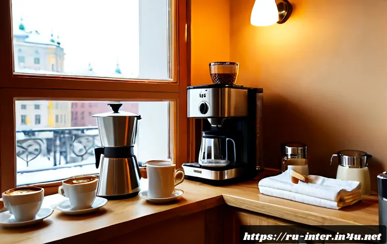 홈카페 인테리어 소품 - Photorealistic cozy Moscow apartment home café corner, compact light-wood coffee station with a stai...