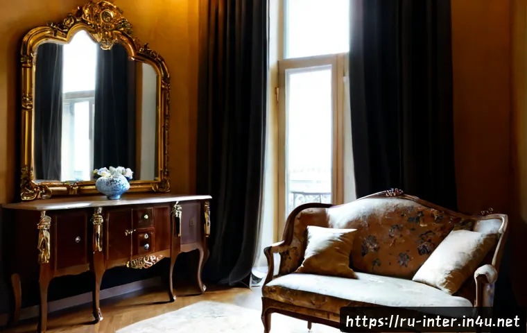 Home 17 앤틱 가구 스타일링 - Photorealistic elegant Moscow apartment living room styled with antique furniture, carved dark walnu...